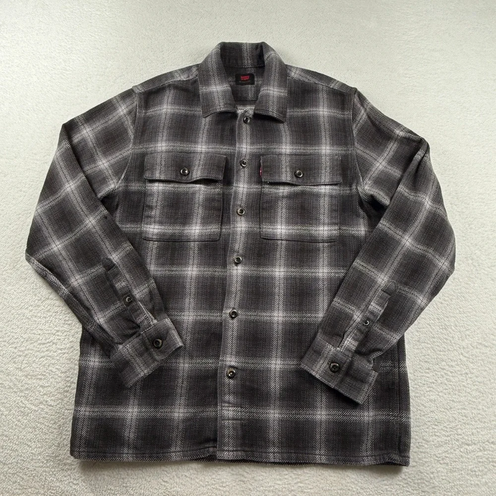 Levi's‎ Flannel Shirt Mens Medium Gray Windowpane Plaid Cotton Preppy Button Up